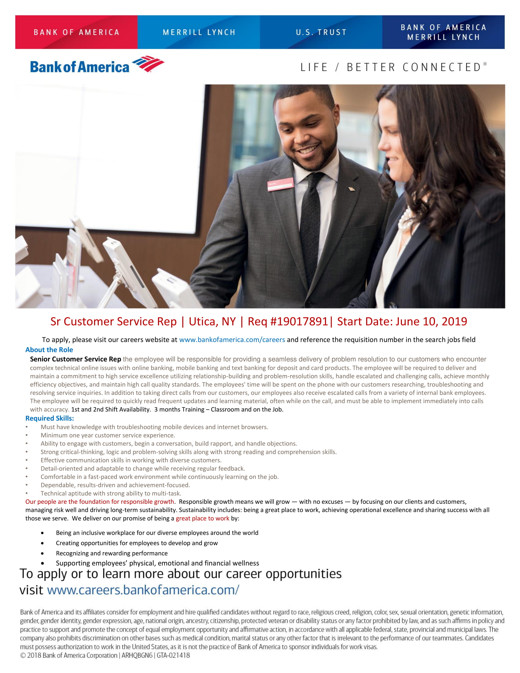 Bank of America Senior Customer Service Rep Working Solutions
