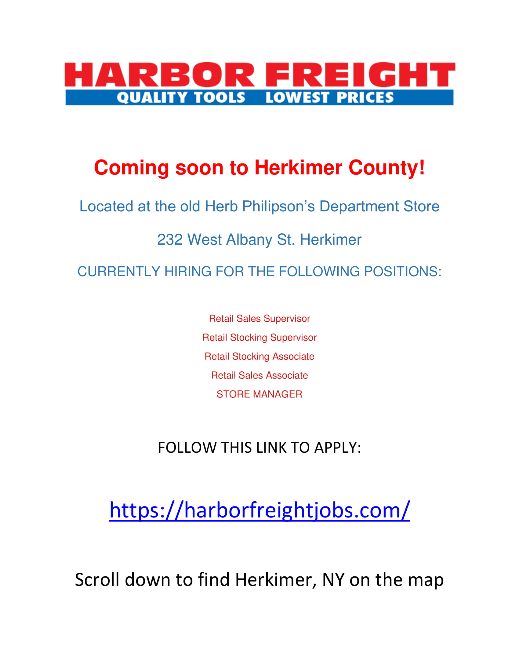 Harbor Freight Hiring in Herkimer County! Working Solutions