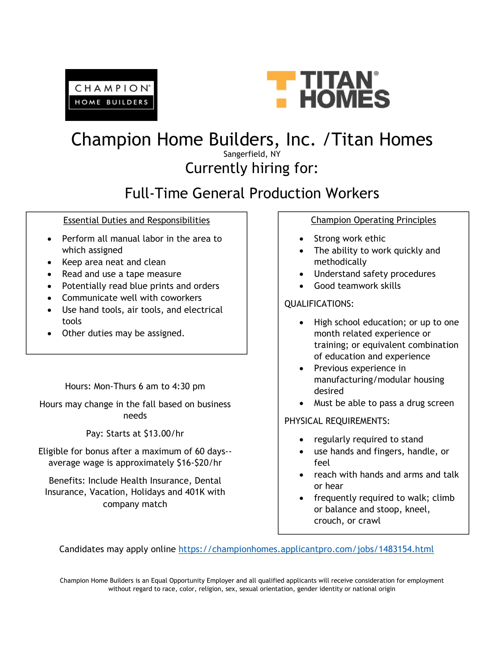 Champion Home Builders Hiring Working Solutions
