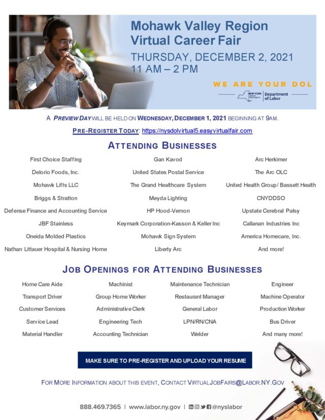 MOHAWK VALLEY REGION VIRTUAL CAREER FAIR December 2nd Working